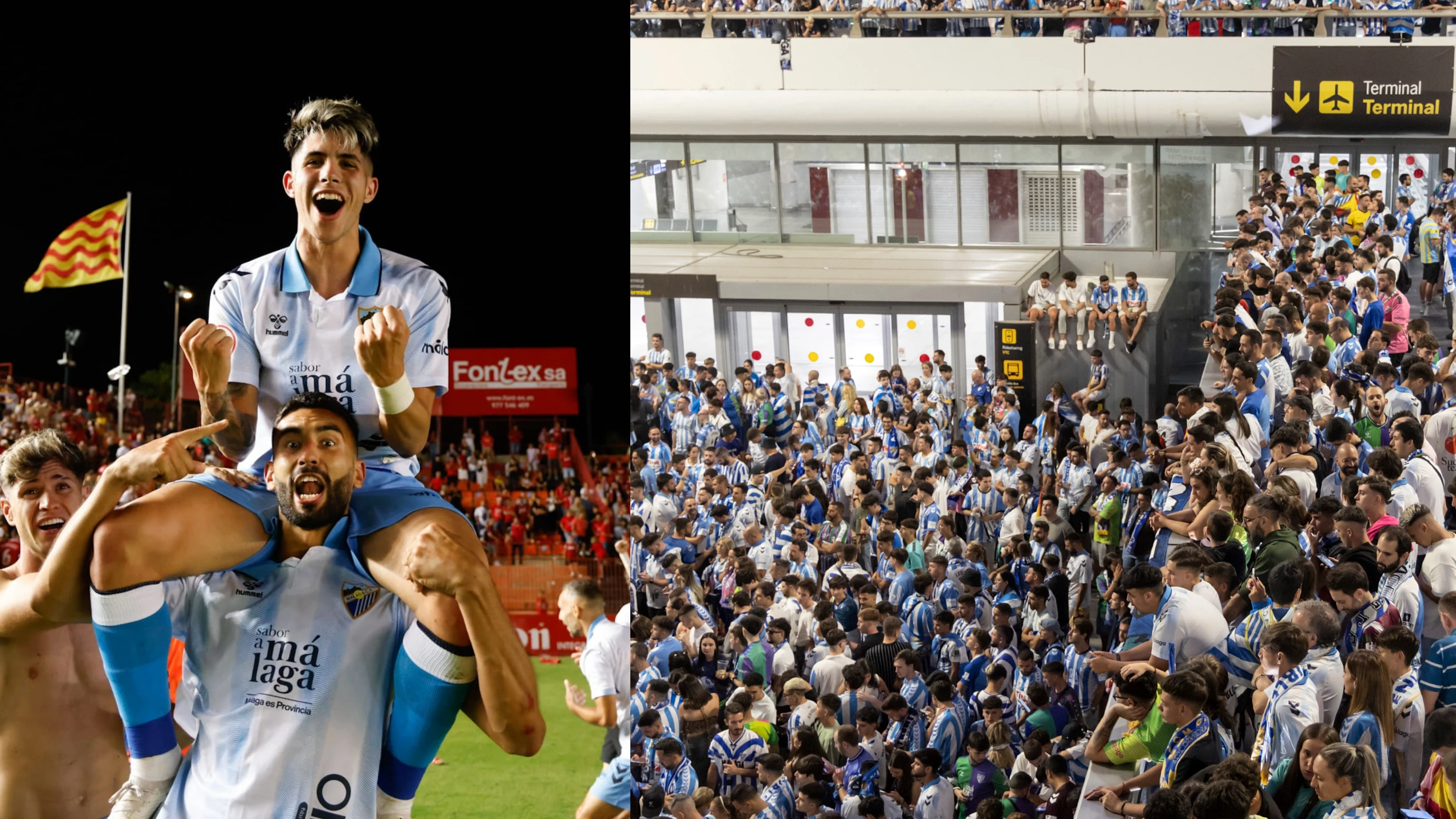 Jugadores del Málaga y aficionados tras el ascenso a Segunda División Jugadores del Málaga y aficionados tras el ascenso a Segunda División