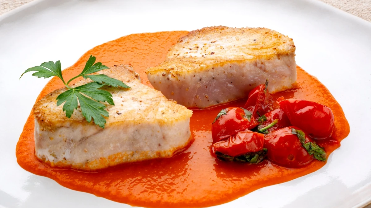 Bonito con salsa vizcaína y tomatitos Bonito con salsa vizcaína y tomatitos