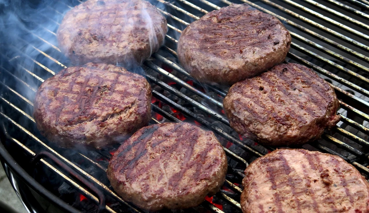 Imagen de archivo de varias carnes de hamburguesa a la parrilla