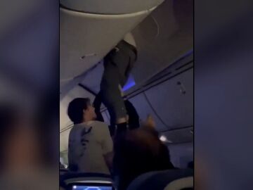 Un pasajero intentando salir del compartimento de las maletas