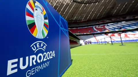08 June 2024, Bavaria, Munich: The UEFA Euro2024 logo can be seen during a press tour of the Munich Football Arena. The opening match of the European Football Championship will take place in the arena on June 14, 2024. Photo: Sven Hoppe/dpa08/06/2024 ONLY FOR USE IN SPAIN