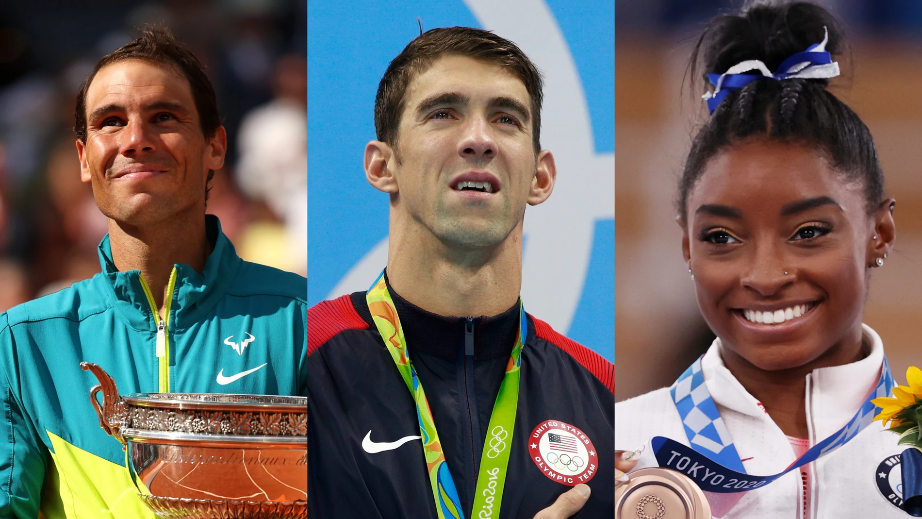 Rafa Nadal, Michael Phelps y Simone Biles en imágenes de archivo Rafa Nadal, Michael Phelps y Simone Biles en imágenes de archivo