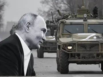 Imagen de Vladimir Putin y de coches de combate rusos. Imagen de Vladimir Putin y de coches de combate rusos.