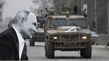 Imagen de Vladimir Putin y de coches de combate rusos.