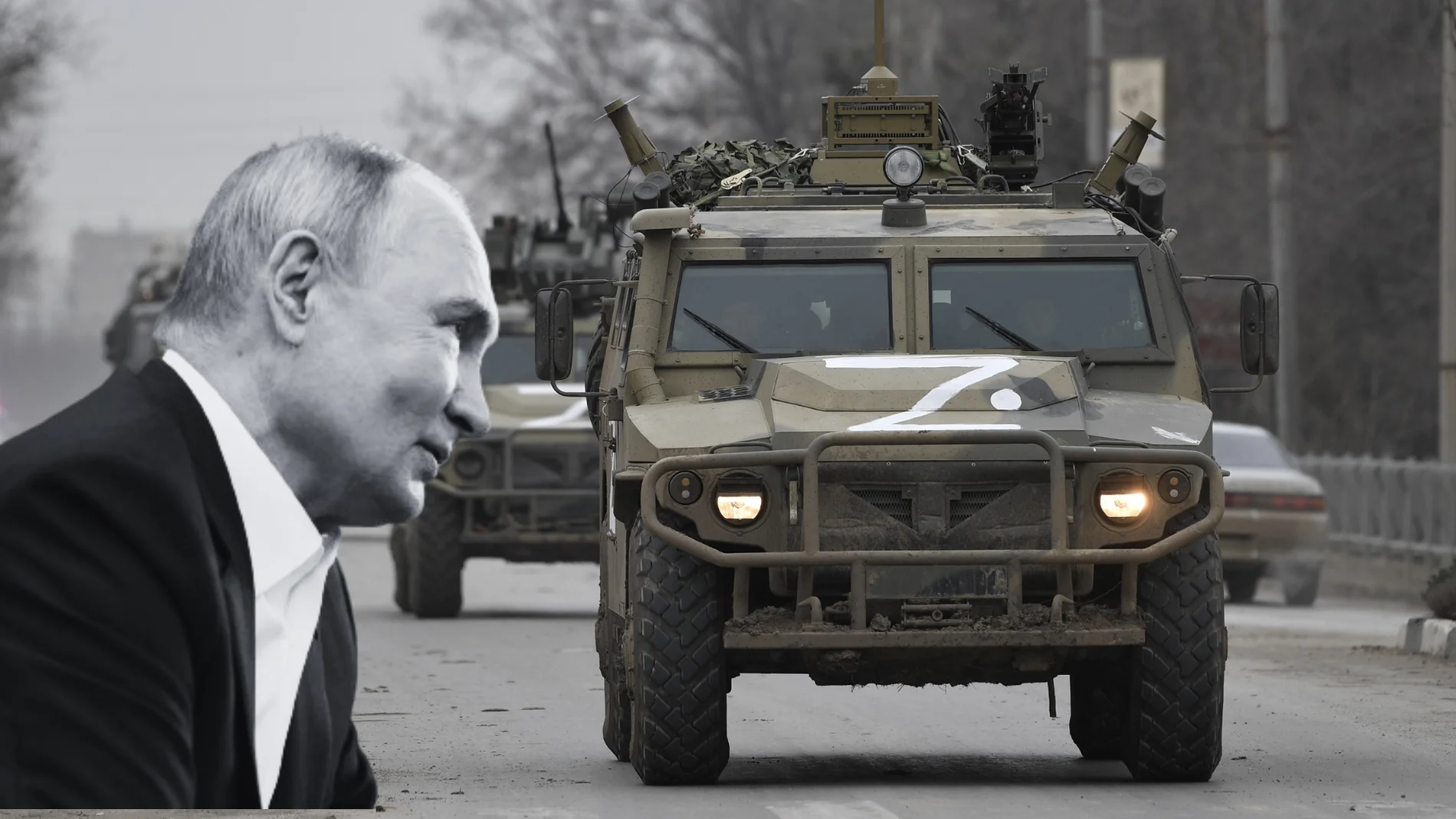 Imagen de Vladimir Putin y de coches de combate rusos. Imagen de Vladimir Putin y de coches de combate rusos.