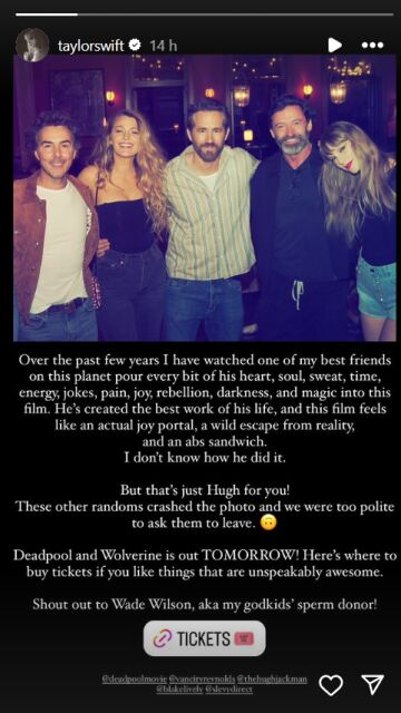 Historia de Instagram de Taylor Swift con Ryan Reynolds, Blake Lively y Hugh Jackman