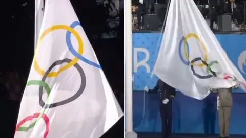 El error de París 2024 al izar la bandera olímpica al revés El error de París 2024 al izar la bandera olímpica al revés