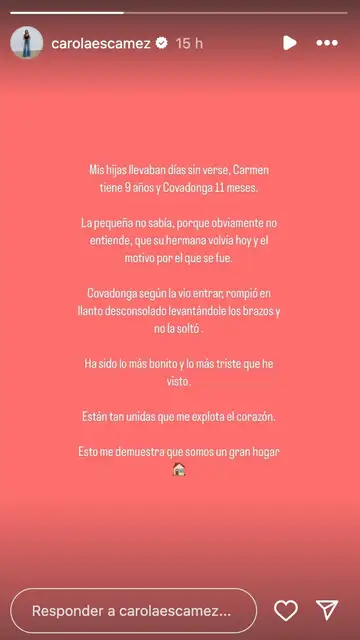 Carola Escámez cuenta emocionada cómo ha sido el reencuentro de sus dos hijas Carola Escámez cuenta emocionada cómo ha sido el reencuentro de sus dos hijas