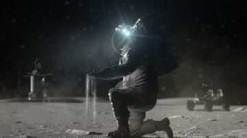 Representación artística de un astronauta trabajando en la superficie lunar durante una futura misión