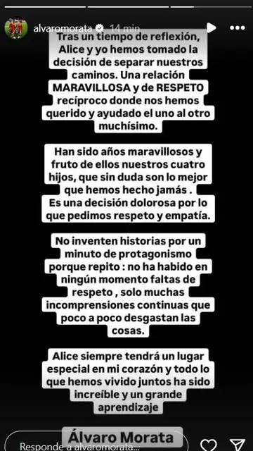 Comunicado de Álvaro Morata sobre su separación de Alice Campello Comunicado de Álvaro Morata sobre su separación de Alice Campello
