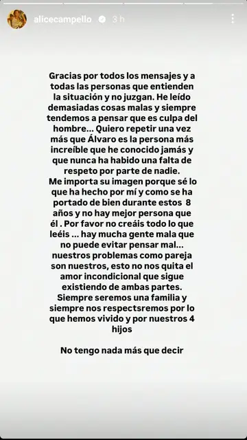 Comunicado de Alice Campello en sus redes Comunicado de Alice Campello en sus redes