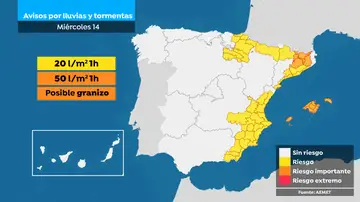 Mapa de avisos para el miércoles 14 de agosto de 2024 Mapa de avisos para el miércoles 14 de agosto de 2024