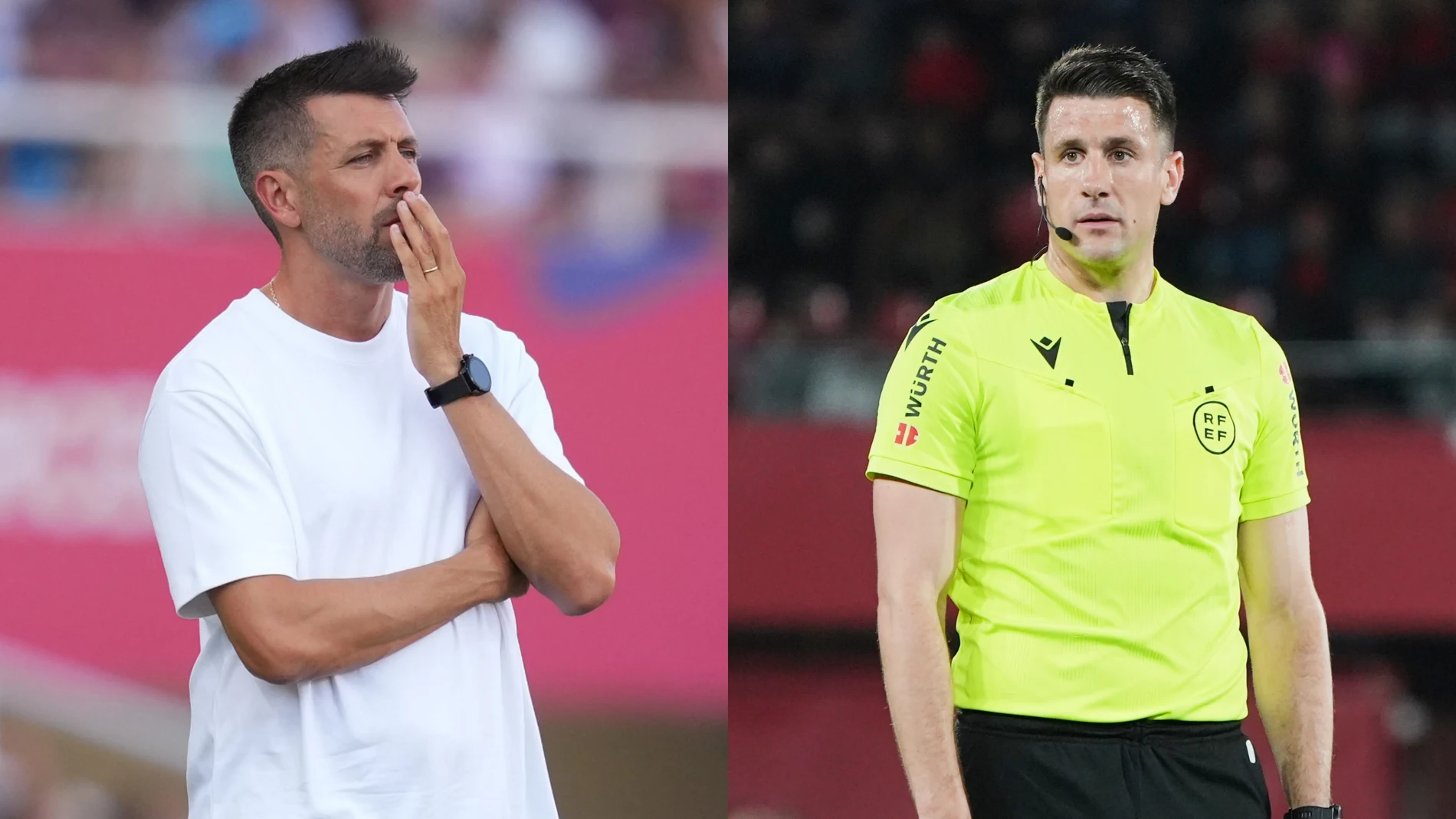 Pezzolano (entrenador del Valladolid) y Isidro Díaz de Mera (árbitro) Pezzolano (entrenador del Valladolid) y Isidro Díaz de Mera (árbitro)