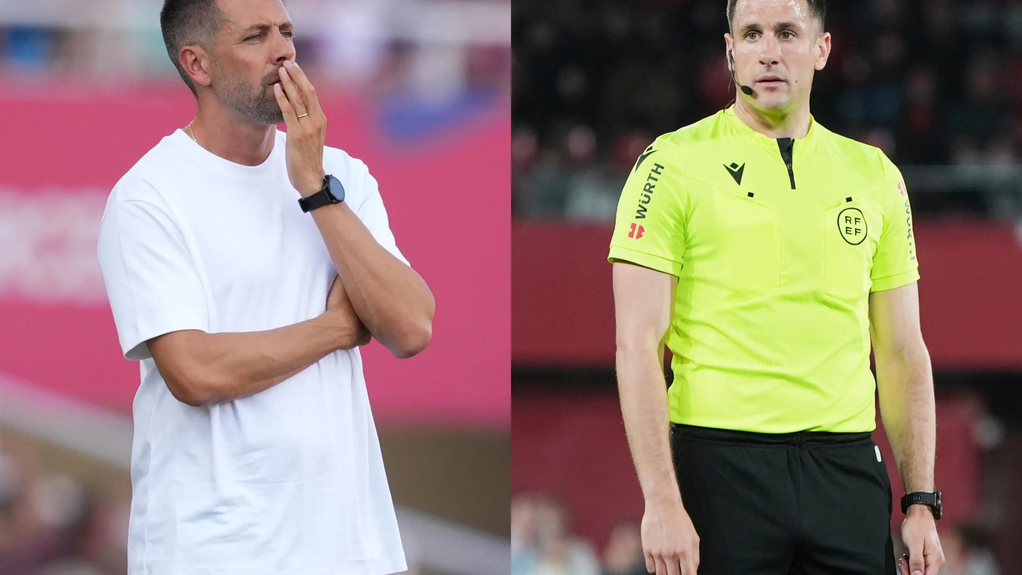 Pezzolano (entrenador del Valladolid) y Isidro Díaz de Mera (árbitro) Pezzolano (entrenador del Valladolid) y Isidro Díaz de Mera (árbitro)