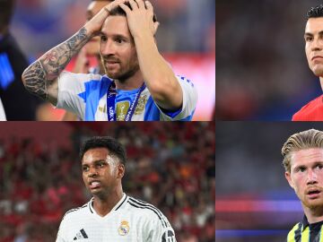 Collage con las imágenes de Messi, Cristiano Ronaldo, De Bruyne y Rodrygo