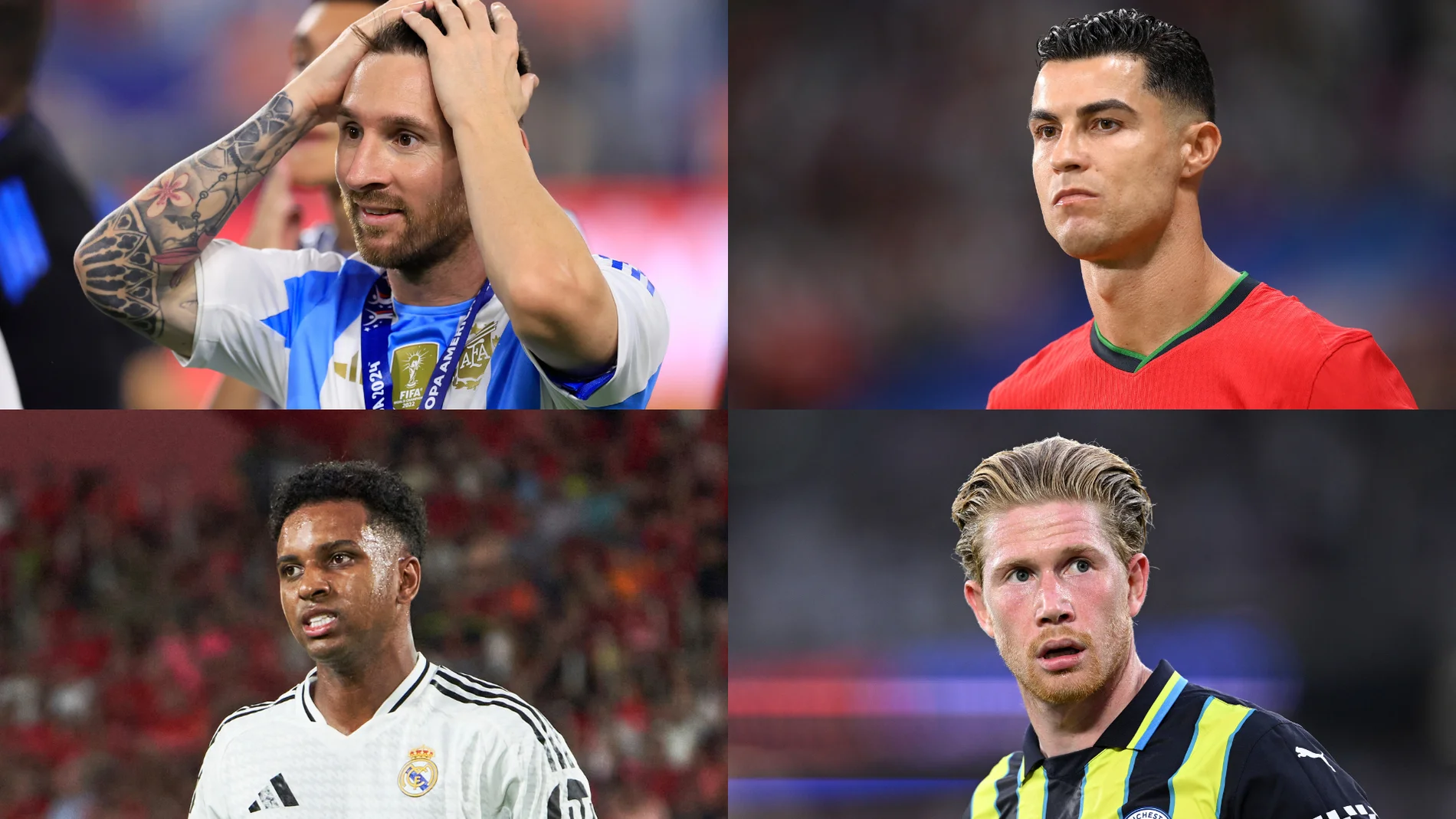 Collage con las imágenes de Messi, Cristiano Ronaldo, De Bruyne y Rodrygo Collage con las imágenes de Messi, Cristiano Ronaldo, De Bruyne y Rodrygo