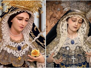 La Virgen del Mayor Dolor de Almería restaurada (izq) y la versión anterior (der)