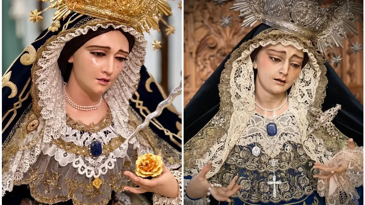 La Virgen del Mayor Dolor de Almer&iacute;a restaurada (izq) y la versi&oacute;n anterior (der)