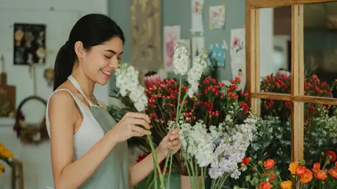 Mujer colocando flores Mujer colocando flores