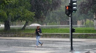 Una mujer se protege de la lluvia con un paraguas, en una fotograf&iacute;a de archivo