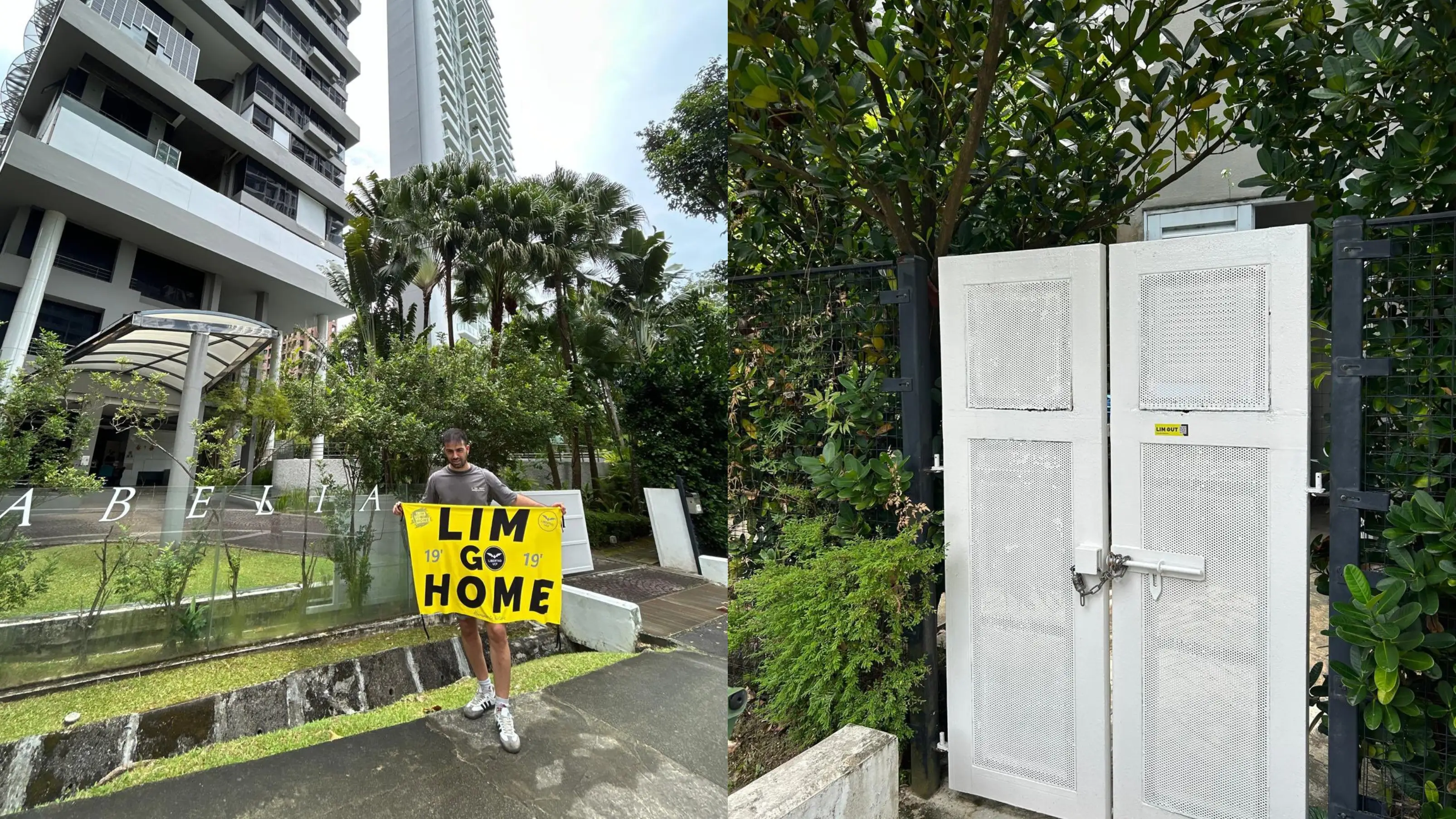 El aficionado del Valencia, junto a la casa de Peter Lim en Singapur