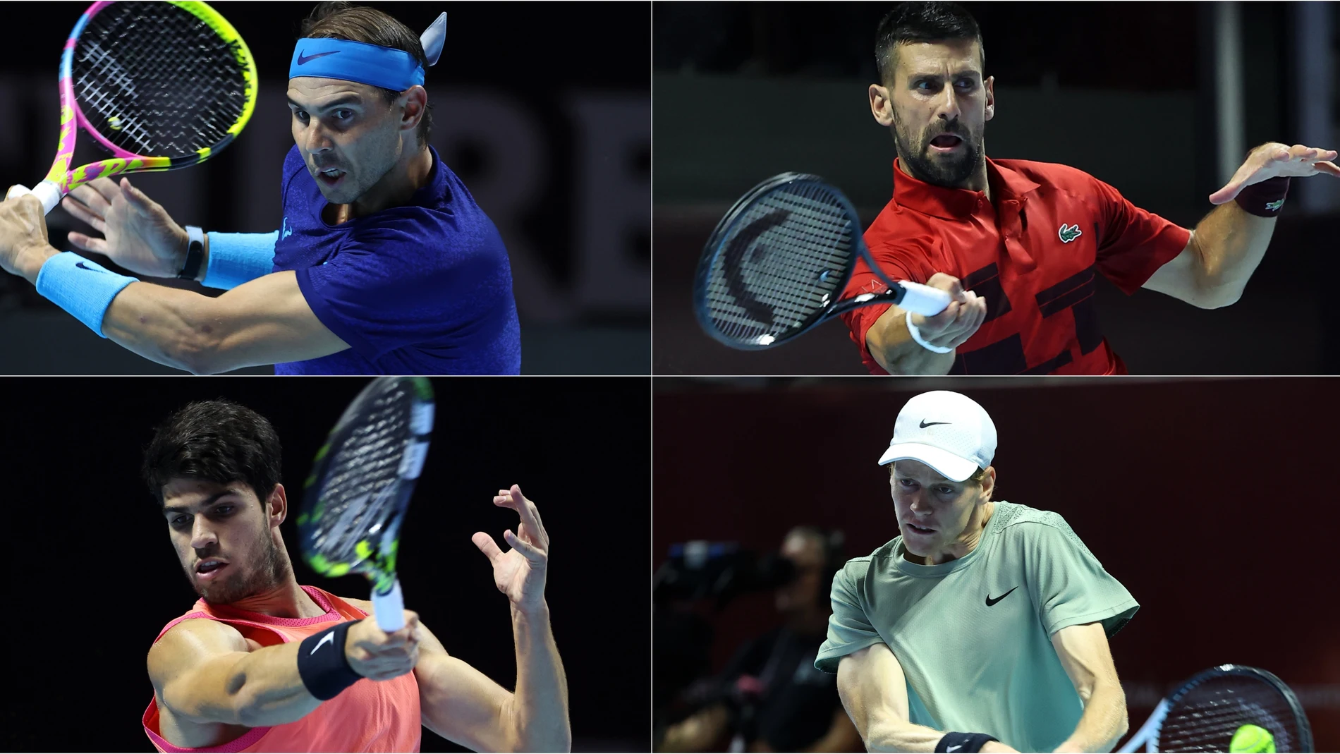 Rafa Nadal, Novak Djokovic, Carlos Alcaraz y Jannik Sinner durante el Six Kings Slam Rafa Nadal, Novak Djokovic, Carlos Alcaraz y Jannik Sinner durante el Six Kings Slam
