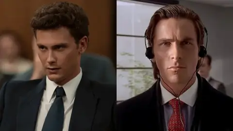 Cooper Koch como Erik Menendez en Monstruos y Christian Bale en American Psycho Cooper Koch como Erik Menendez en Monstruos y Christian Bale en American Psycho
