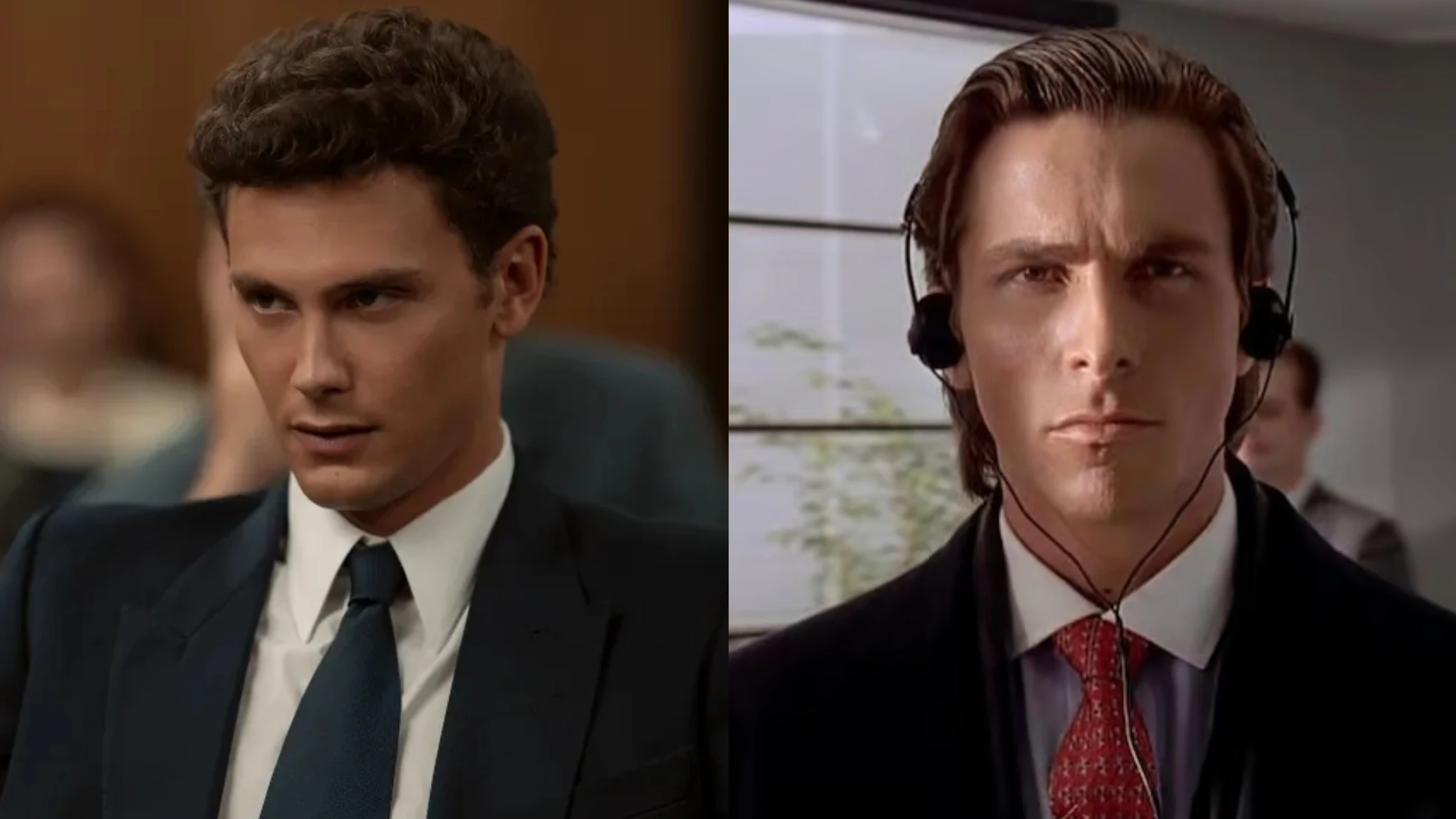 Cooper Koch como Erik Menendez en Monstruos y Christian Bale en American Psycho Cooper Koch como Erik Menendez en Monstruos y Christian Bale en American Psycho