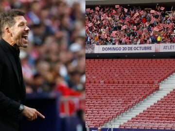 Simeone, en el partido ante el Leganes y una imagen de la grada cerrada