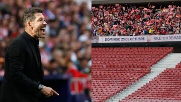 Simeone, en el partido ante el Leganes y una imagen de la grada cerrada