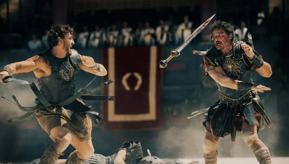 Paul Mescal como Lucius y Pedro Pascal como Marcus Acacius en Gladiator II Paul Mescal como Lucius y Pedro Pascal como Marcus Acacius en Gladiator II