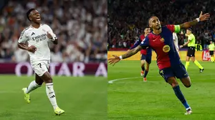 Vinícius y Raphinha celebran un gol con el Real Madrid y el Barcelona Vinícius y Raphinha celebran un gol con el Real Madrid y el Barcelona