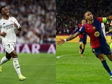 Vinícius y Raphinha celebran un gol con el Real Madrid y el Barcelona