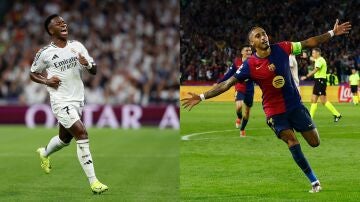 Vinícius y Raphinha celebran un gol con el Real Madrid y el Barcelona