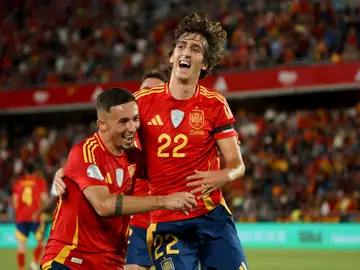 Bryan Gil y Yeremy Pino celebran un gol ante Suiza en Tenerife Bryan Gil y Yeremy Pino celebran un gol ante Suiza en Tenerife