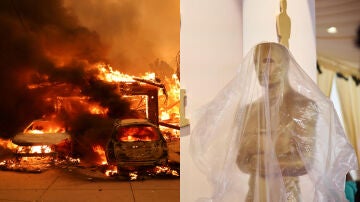 Montaje de los incendios de Los Ángeles con una estatua de los Oscar