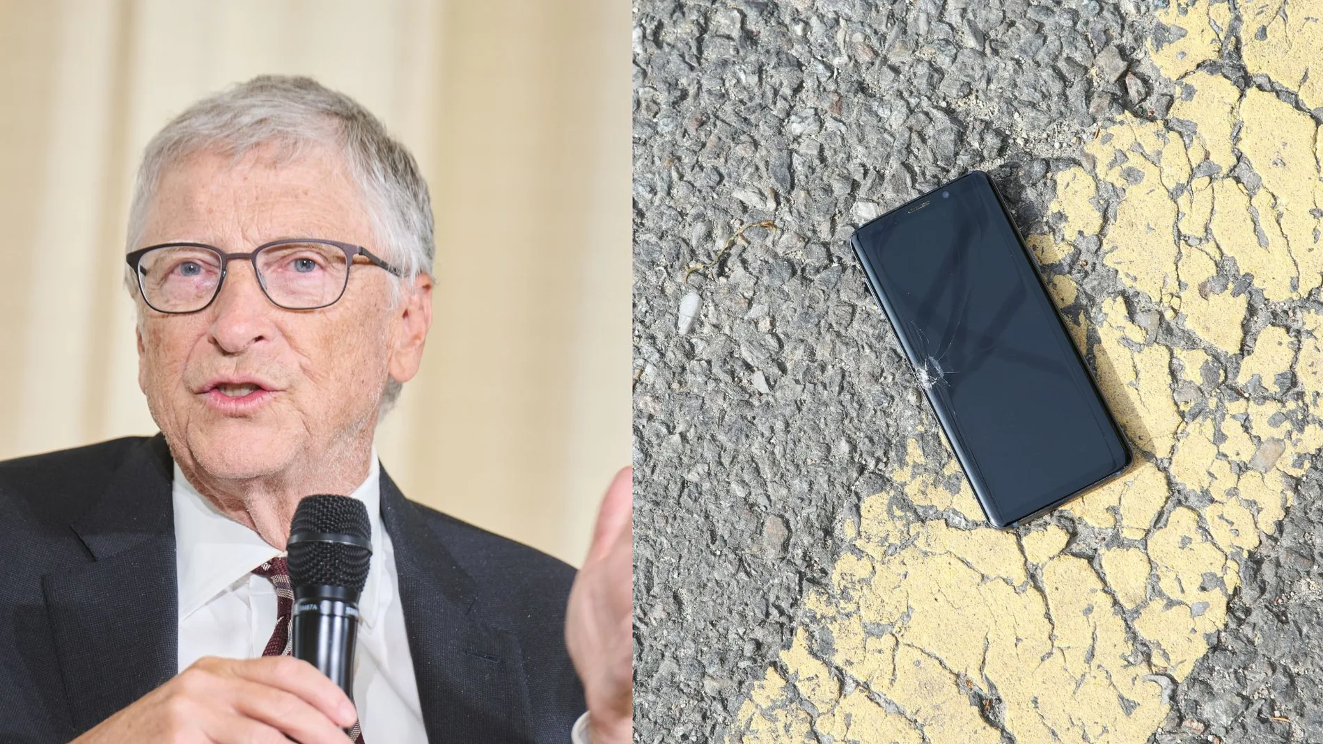 Imagen de Bill Gates y de un teléfono roto. Imagen de Bill Gates y de un teléfono roto.