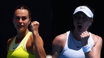 Aryna Sabalenka y Paula Badosa celebran un punto en el Open de Australia 2025