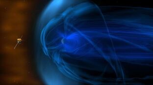 Concepto art&iacute;stico de la nave espacial Wind de la NASA fuera de la magnetosfera de la Tierra.