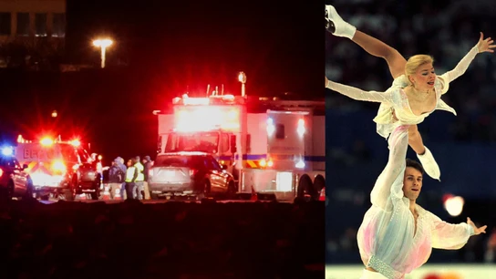 Imagen del accidente aéreo en Washington y una imagen de archivo de los patinadores Vadim Naumov y Evgenia Shishkova Imagen del accidente aéreo en Washington y una imagen de archivo de los patinadores Vadim Naumov y Evgenia Shishkova