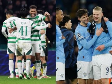 Los jugadores de Celtic y Manchester City celebran un gol