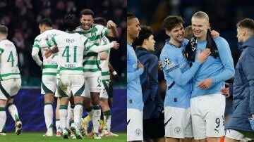 Los jugadores de Celtic y Manchester City celebran un gol