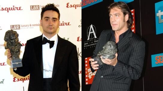 Juan Antonio Bayona y Javier Bardem con sus primeros Goyas