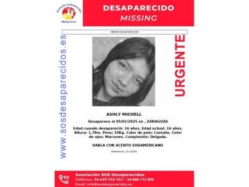 Buscan a Ashly Michell, una menor de 16 años desaparecida en Zaragoza 