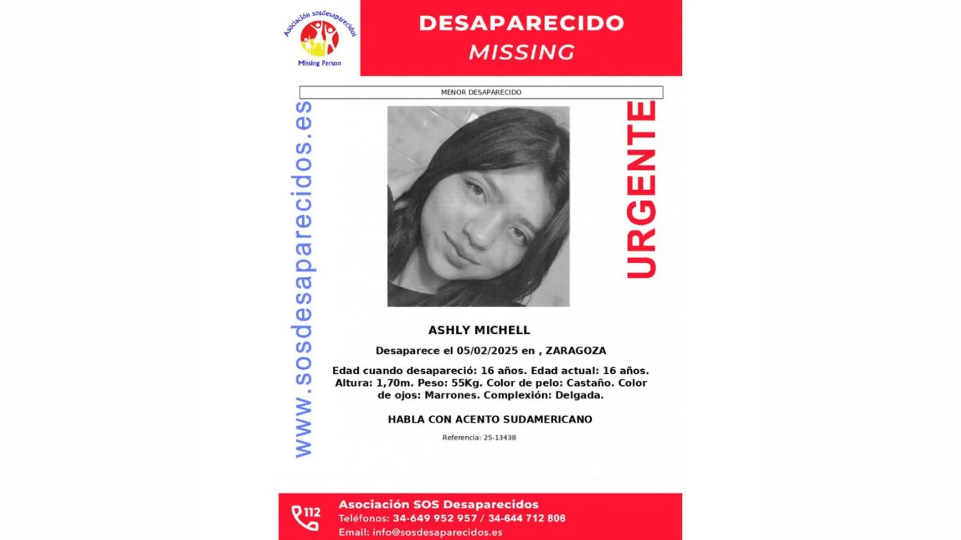 Buscan a Ashly Michell, una menor de 16 años desaparecida en Zaragoza Buscan a Ashly Michell, una menor de 16 años desaparecida en Zaragoza