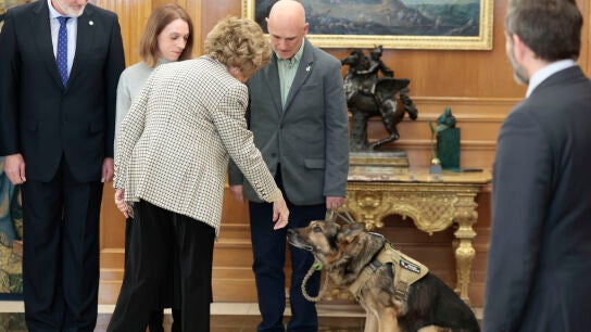 La reina Sof&iacute;a saludando a un perro en el Palacio de la Zarzuela