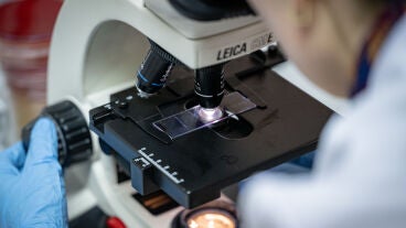 Imagen de archivo de una mujer mirando por un microscopio en un laboratorio.