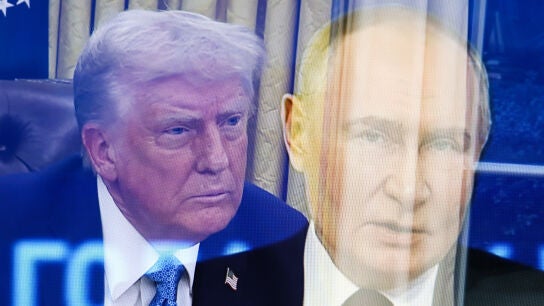 February 13, 2025, Moscow, Russia: United States President Donald Trump (left) and Russian President Vladimir Putin (right) are seen. A lengthy telephone conversation took place between Russian President Vladimir Putin and US President Donald Trump. The heads of state discussed issues related to artificial intelligence, the Middle East and energy. The main topic was the issue of a settlement in Ukraine. Donald Trump spoke in favor of an early cessation of hostilities and a peaceful solution t...