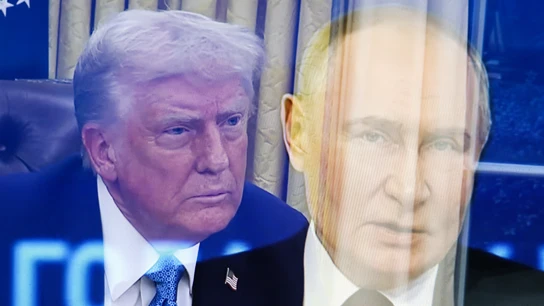 Trump and Putin have dialogue in Moscow, Russia - 13 Feb 2025 February 13, 2025, Moscow, Russia: United States President Donald Trump (left) and Russian President Vladimir Putin (right) are seen. A lengthy telephone conversation took place between Russian President Vladimir Putin and US President Donald Trump. The heads of state discussed issues related to artificial intelligence, the Middle East and energy. The main topic was the issue of a settlement in Ukraine. Donald Trump spoke in favor of an early cessation of hostilities and a peaceful solution t...