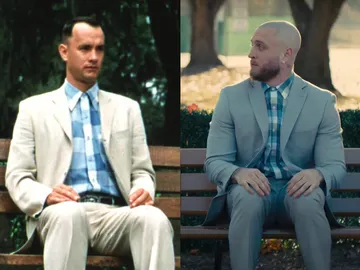 Tom Hanks en Forrest Gump y su hijo Chet en un videoclip Tom Hanks en Forrest Gump y su hijo Chet en un videoclip